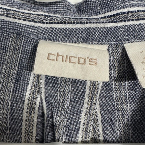 Chico's Sz. 2 (L) tunic, blue/metallic, linen blend, v-neck, flowy, lightweight - Picture 4 of 12